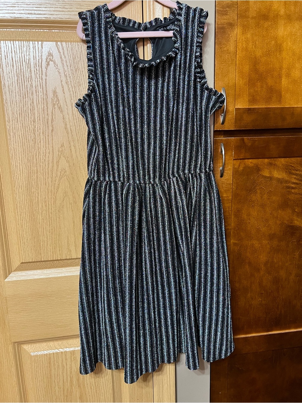 Girls Metallic Black Stripe Ruffle Neck Party Dress